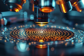 Poster - A close-up of a fingerprint on a laboratory slide, being examined under a microscope, showcasing the detailed analysis of forensic evidence. Generative AI.