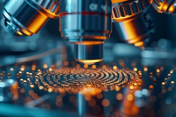 Poster - A close-up of a fingerprint on a laboratory slide, being examined under a microscope, showcasing the detailed analysis of forensic evidence. Generative AI.