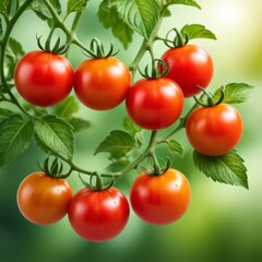 Wall Mural - A cluster of ripe cherry tomatoes hanging on the vine, surrounded by lush green leaves. The vibrant red tomatoes and fresh foliage create a beautiful contrast, highlighting the natural and organic