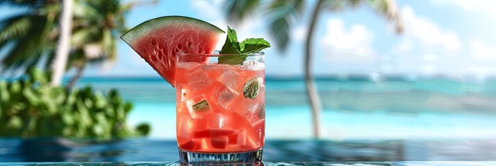 Poster - A glass of watermelon cocktail garnished with a wedge of watermelon and a sprig of mint sits on a table by the beach on a sunny day. Generative AI
