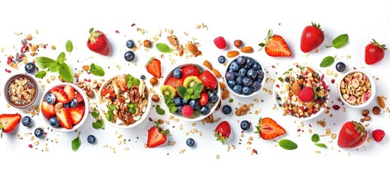 Wall Mural - Healthy Food Concept: Vibrant Breakfast Spread with Muesli, Strawberry Salad, Fresh Fruit, and Nuts on a White Background