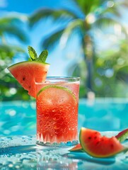 Poster - A glass of watermelon cocktail garnished with watermelon and mint sits on a table by the pool on a sunny day. Generative AI