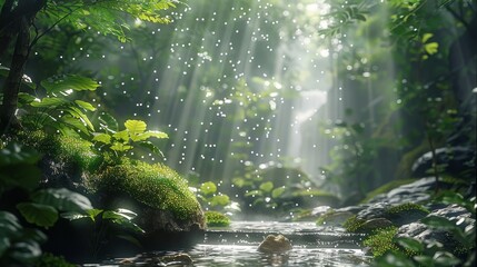 Poster - Jungle forest, misty rain is falling on moss covered rocks and tree trunks with green leaves. A small stream flows through it as sunlight filters through foliage creating soft light. Generative AI.