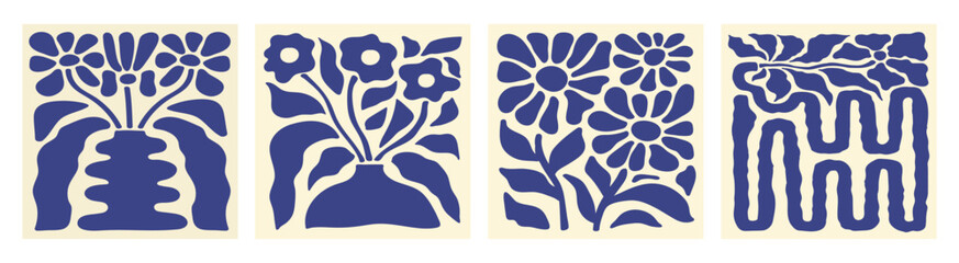 Abstract botanical set square posters with various blossom groovy flowers. Naive art decor. Blue and beige colors. Trendy hand drawn vector illustration