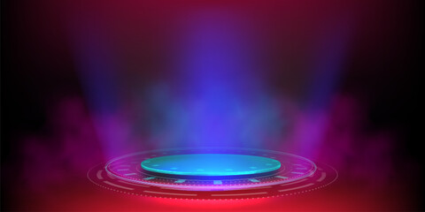Poster - tech hologram light podium with blue neon glow and beams on dark red background with smoke clouds. r