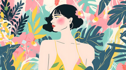 Serene Woman Surrounded by Tropical Foliage in Vibrant Illustration