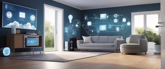 Wall Mural - illustrate the concept of the Internet of Things with an image of a smart home, featuring various connected devices and appliances, shot from a low angle with a wide-angle lens