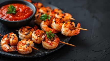 Wall Mural - shrimp skewers and a separate bowl holding sauce