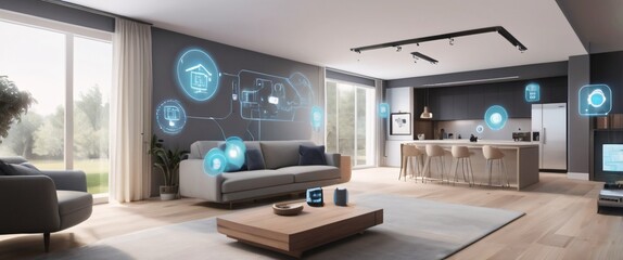 Canvas Print - illustrate the concept of the Internet of Things with an image of a smart home, featuring various connected devices and appliances, shot from a low angle with a wide-angle lens