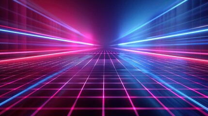 Wall Mural - Illustrate the nostalgia of the 80s with a vibrant abstract background of blue and pink glowing light beams over a grid floor.