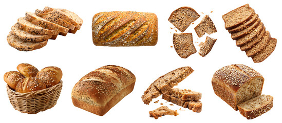 Multigrain bread bun loaf slice on transparent cutout, PNG file. Many assorted different angles, stack, basket, pile, slice. Mockup template for artwork