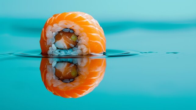  A sushi piece atop still water, mirrored below