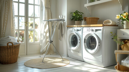 Wall Mural - Neat laundry room, large washing machine, iron board stand, white background, natural light. Generative AI.