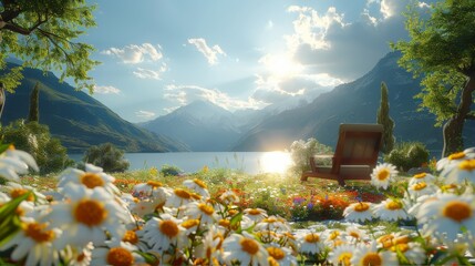 Wall Mural - A relaxing sunny spring morning in nature, mountain view. Generative AI.