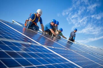 Wall Mural - Beneath the vast expanse of a cloudless blue sky, a dedicated team is installing solar panels on a rooftop. This sustainable project harnesses solar energy, aiding environmental efforts