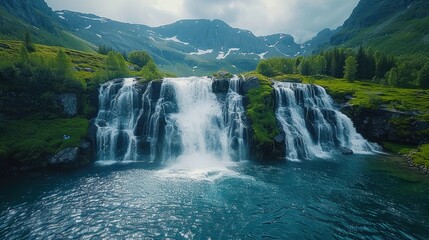 Aerial capture of the cascading waterfalls in the Husedalen Valley, Norway