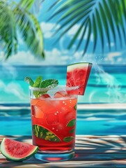 Aufkleber - A refreshing watermelon cocktail garnished with a wedge of watermelon and a sprig of mint sits by a pool on a sunny day. Generative AI