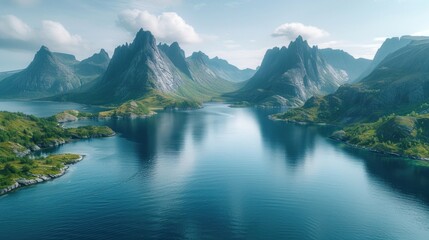 Wall Mural - Stunning aerial view of the fjord landscapes and mountain ranges of Senja Island, Norway