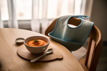 Wall Mural - Baby food. Baby puree carrot. On a wooden table.