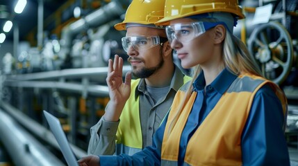Aufkleber - Industrial engineers in hard hats use laptops to discuss new projects. These people make showing gestures while they work in a heavy industry manufacturing environment. Generative AI.