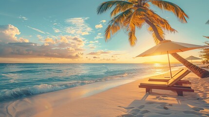 Poster - A beautiful tropical beach with two sunbeds and an umbrella on white sand under a palm tree at sunset, a summer vacation concept. Generative AI.