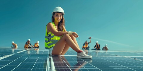 Wall Mural - At a construction site, a young woman, wearing safety gear, works on a solar panel installation. The scene reflects teamwork, renewable energy, and a bright, sunny outdoor setting