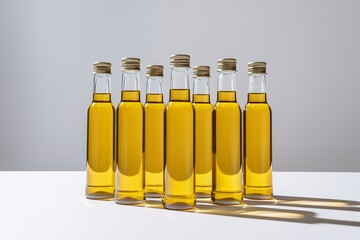 Wall Mural - A pristine white background highlights the simplicity of several blank label bottles of sunflower oil.