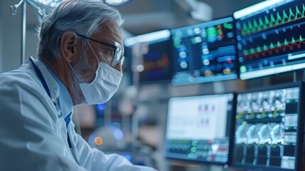 Poster - Healthcare professional monitoring patient vitals using AI tools, realtime data analysis, improved patient care. Generative AI.