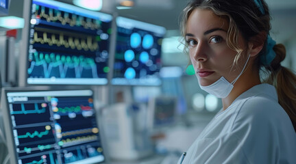 Poster - Healthcare professional monitoring patient vitals using AI tools, realtime data analysis, improved patient care. Generative AI.