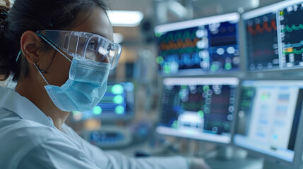 Poster - Healthcare professional monitoring patient vitals using AI tools, realtime data analysis, improved patient care. Generative AI.
