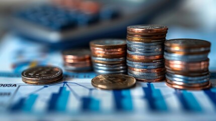 Aufkleber - Stacks of coins and blue upward arrows on a blurred background with a calculator, depicting the concept of stock market growth. Generative AI.