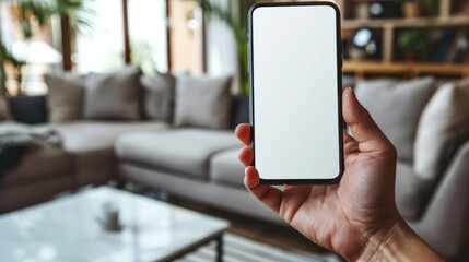 Hand of a person holding a smartphone with a blank white screen, ready to use or view content