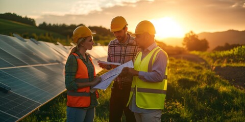 Poster - Engineers work on a solar panel project in a rural area at sunrise, using blueprints to discuss sustainable energy. They ensure safety and efficiency during the construction process