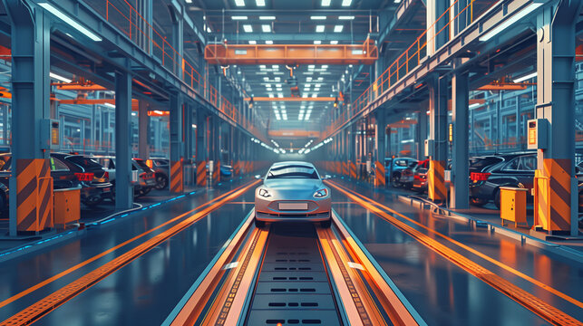 
Assembly line in a car manufacturing plant, with space for text