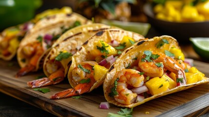 Wall Mural -  Three tacos, each topped with shrimp, pineapple, and cilantro, arranged on a cutting board Lime wedges accompany the dish