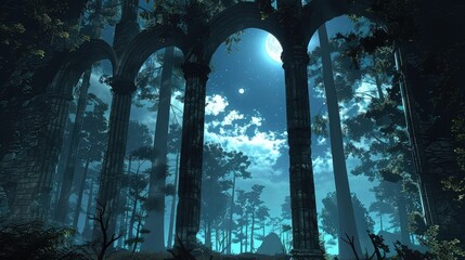 Wall Mural - A picturesque window view of an ancient forest bathed in moonlight, with the night sky peeking through tall, dark tree silhouettes, evoking a sense of mystery and enchantment.