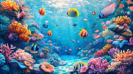 Ocean coral reef underwater. Sea world under water background. Beautiful view of sea life