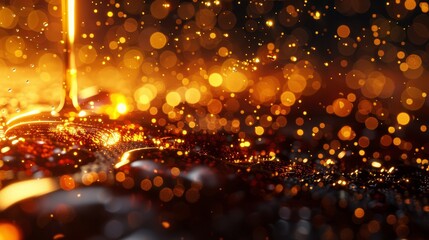 Wall Mural -  A tight shot of a liquid being poured into a clear bottle Surrounding background subtly blurred in golden and black tones