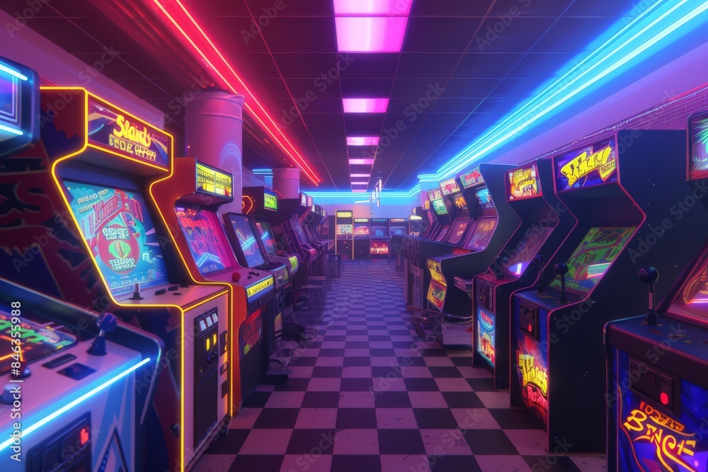 Retro arcade filled with nostalgic video game machines, glowing neon ...