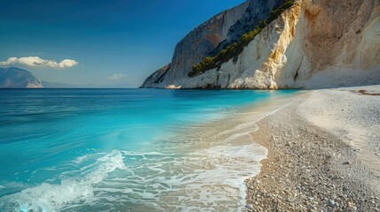 Wall Mural - A quiet, early afternoon at Porto Katsiki, where the sun illuminates the turquoise waters and the white pebble beach, showcasing the untouched beauty of Lefkada.