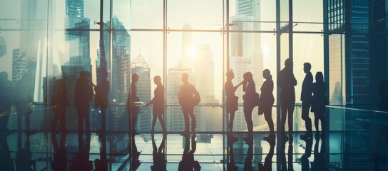 Corporate professionals collaborating in a modern office with cityscape background. Silhouettes of business people highlighted by soft daylight and long shadows, symbolizing teamwork and cooperation i