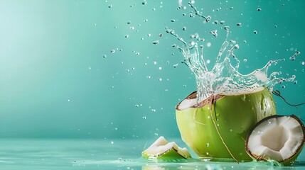 Isolated on a pastel summer blue background with copy space, coconut water is seen splattering out of a fresh green coconut.
