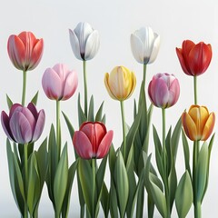 A tulip garden, spring flower collection, 3D render, multiple colors, isolated on white background