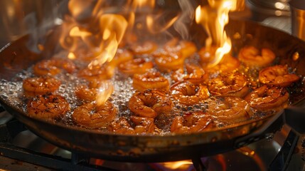  A tight shot of a frying pan over a stove, filled with food in various stages of cookery Flames ascend from the pan's rim