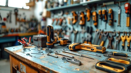 Wall Mural - A workbench in a tool room with pliers, wrenches, and other tools on the tabletop. Generative AI.