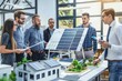 © YURIMA - A team of professionals is collaborating in a modern office, discussing renewable energy solutions with solar panels. The focus is on sustainability and innovation in the workplace