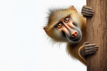 Wall Mural - Funny real baboon peeks out from around the corner Isolated on white background