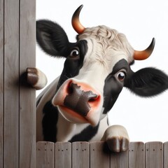 Wall Mural - Funny real cow peeks out from around the corner Isolated on white background