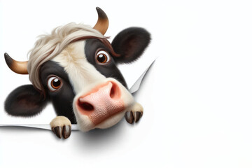 Wall Mural - Funny real cow peeks out from around the corner Isolated on white background