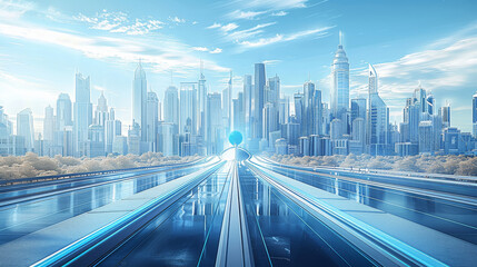 Fototapete - futuristic cityscape with blue and white buildings, featuring advanced road designs such as smart gl